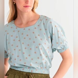 Pendleton Light Blue Printed Puff Sleeve Crop Top